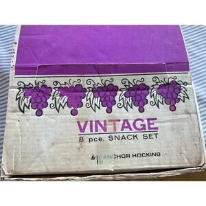 Vintage 1960s era 8 piece glass snack set by Anchor-Hocking, grape pattern party